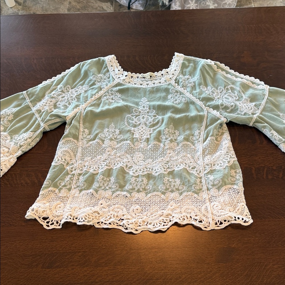 Democracy Embroidered Top Womens Large Green Lace Crochet Boho Peasant fairycore - Picture 4 of 11